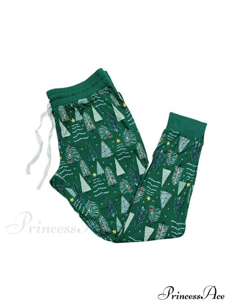 Breathable Long Women’s Pant Button Pajama Fall V And - Trees Arm Set Pink Cotton Christmas