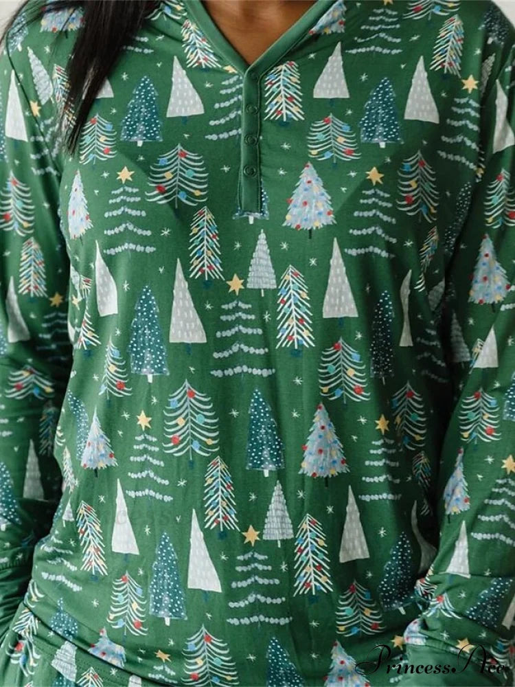 Breathable Long Women’s Pant Button Pajama Fall V And - Trees Arm Set Pink Cotton Christmas