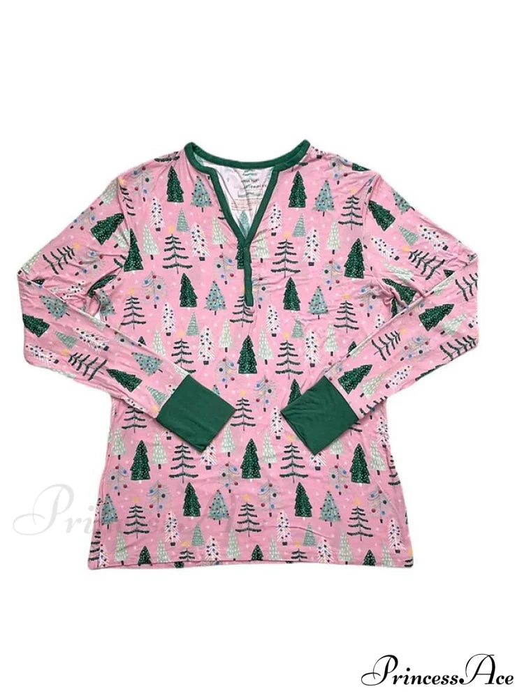 Breathable Long Women’s Pant Button Pajama Fall V And - Trees Arm Set Pink Cotton Christmas