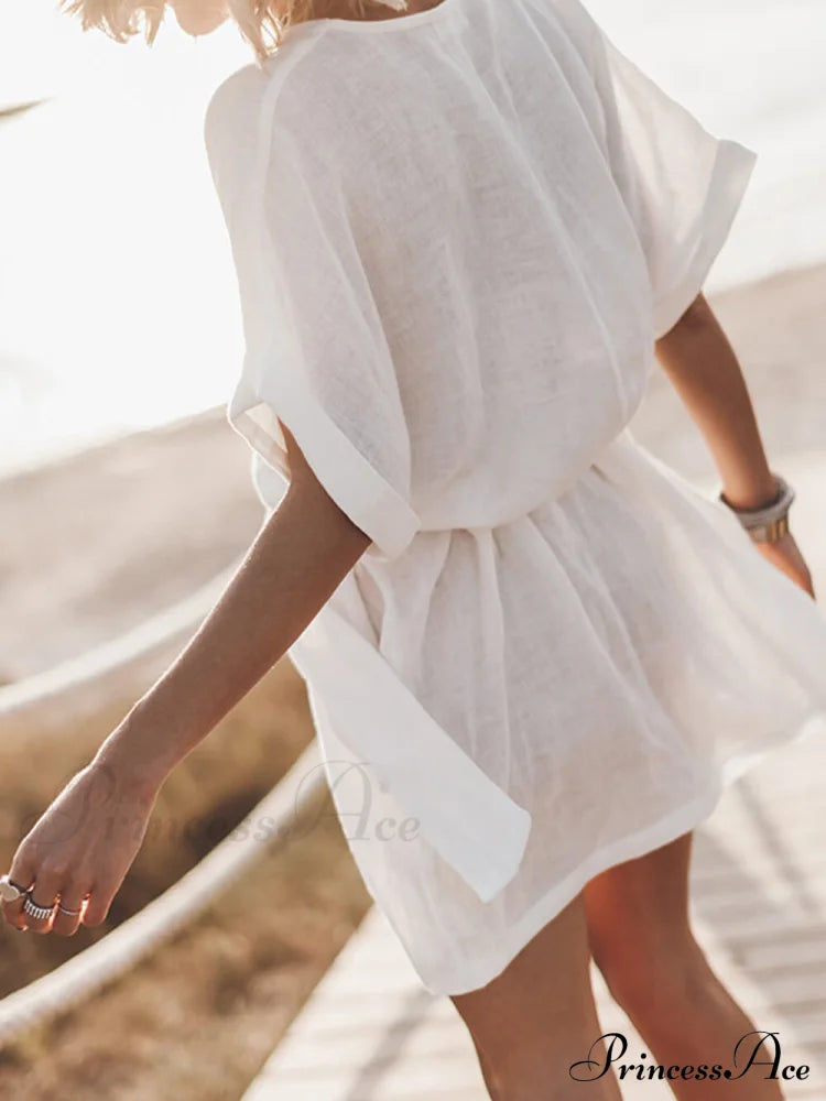 Breezy Leisure Pocketed Charming Belt Kimono Mini Dress Dresses