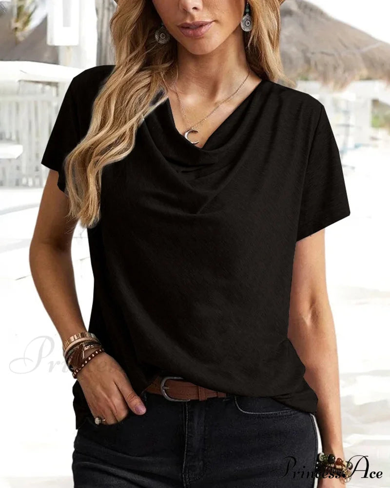 Cowl Neck T-shirt with Short Sleeves Black 23BF clothes Short Sleeve Tops Summer T-shirts Tops/Blouses