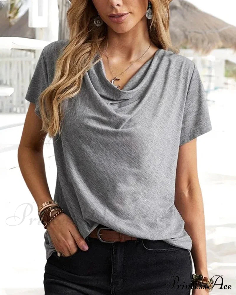 Cowl Neck T-shirt with Short Sleeves Gray 23BF clothes Short Sleeve Tops Summer T-shirts Tops/Blouses