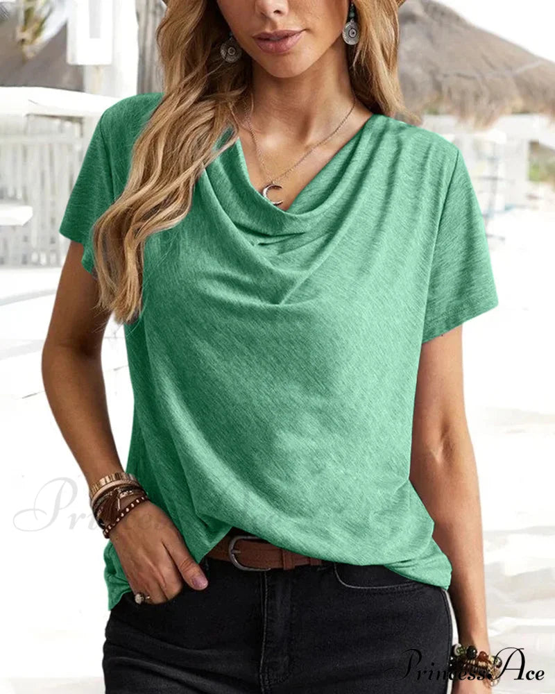 Cowl Neck T-shirt with Short Sleeves Green 23BF clothes Short Sleeve Tops Summer T-shirts Tops/Blouses