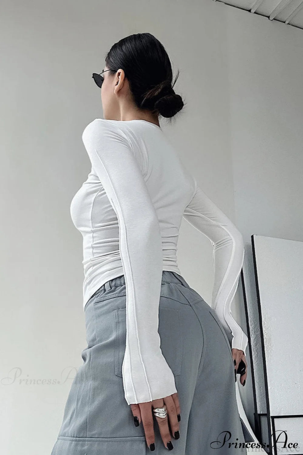 Brown Color Blocked Skinny Crew Neck Long Sleeve Tee