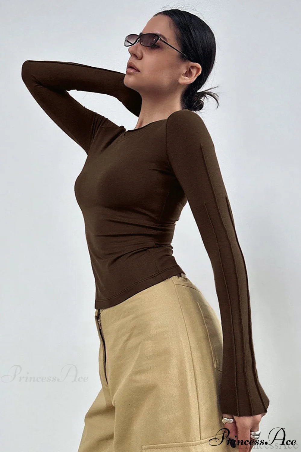 Brown Color Blocked Skinny Crew Neck Long Sleeve Tee