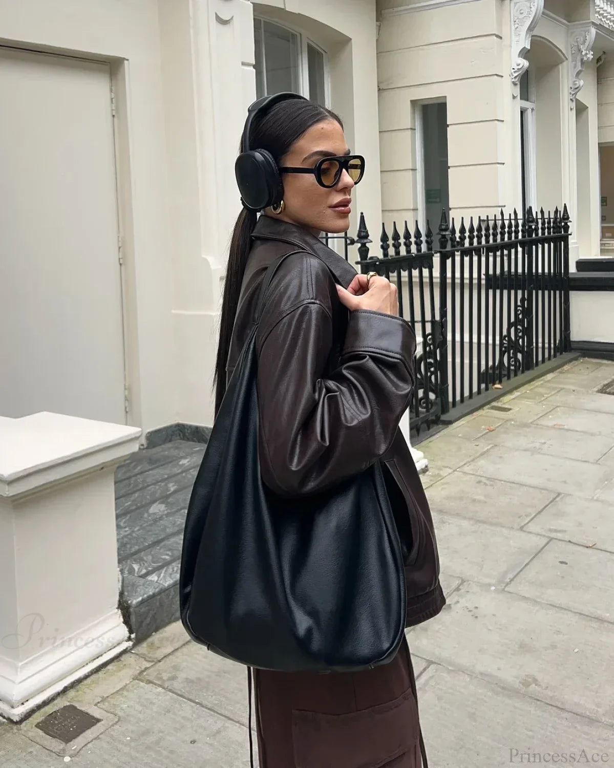 Brown Drawstring Tie Leather Coat Black / XS