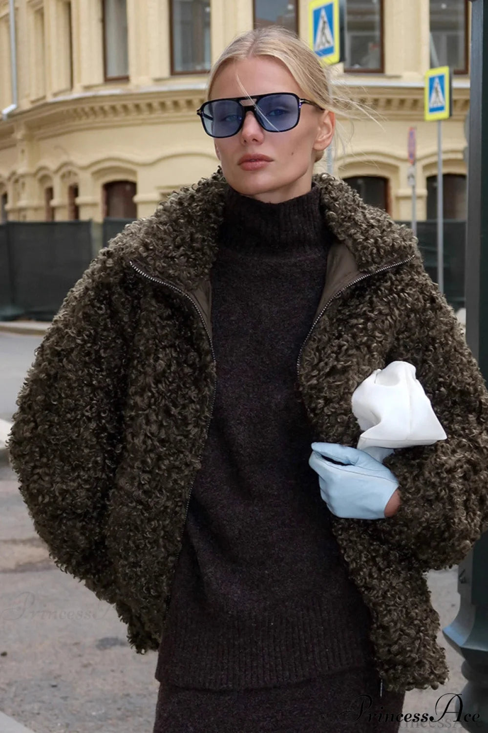 Brown Faux Fur Retro Thick Pullover Wool Coat