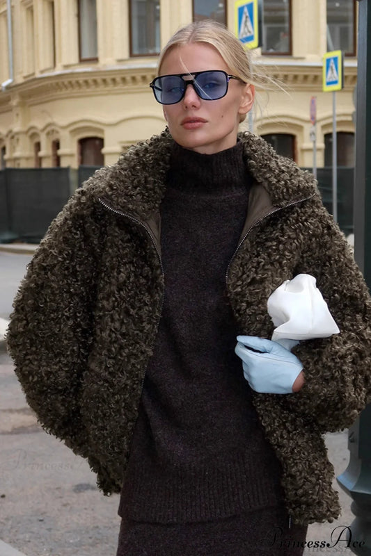 Brown Faux Fur Retro Thick Pullover Wool Coat