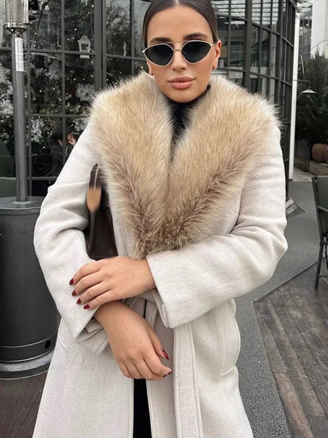 Brown Fluffy Faux Fur Casual Overcoat White / S