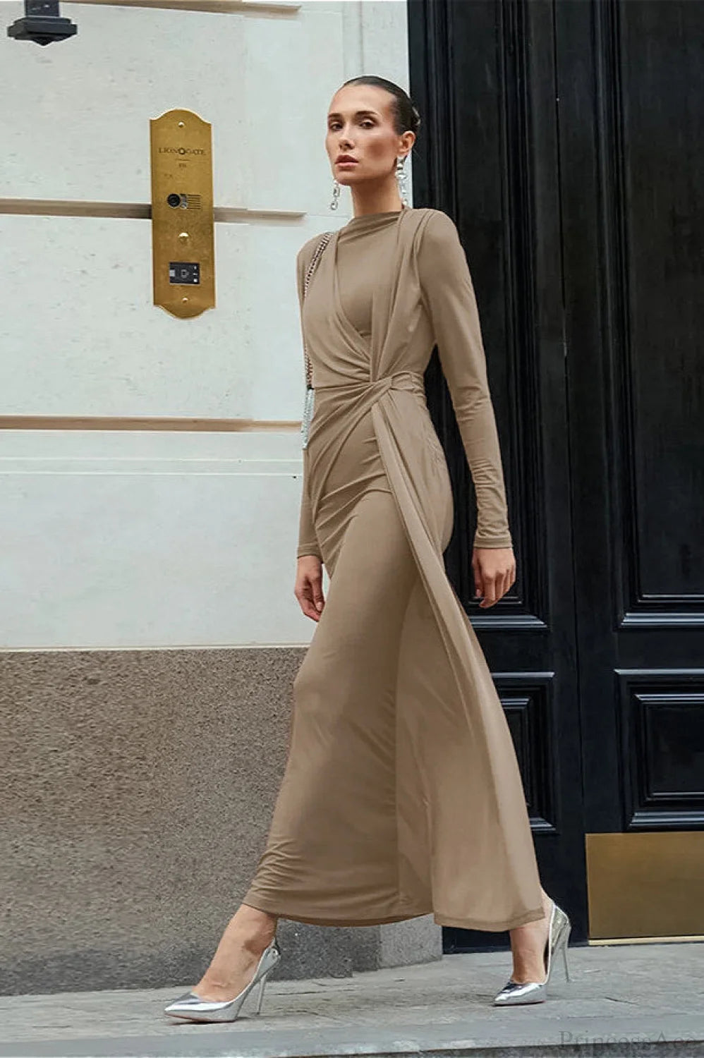 Brown Knit Round Neck Bodycon Maxi Dress