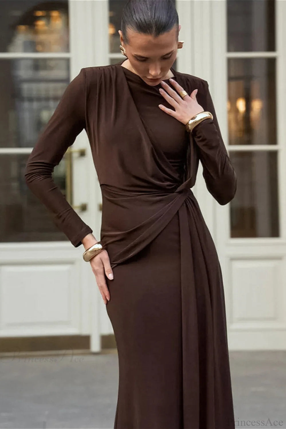 Brown Knit Round Neck Bodycon Maxi Dress