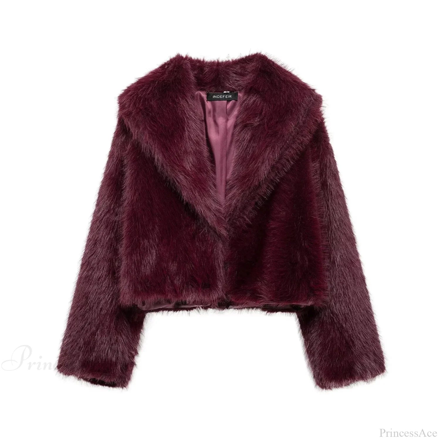 Brown Lapel Fluffy Coat wine red / XS