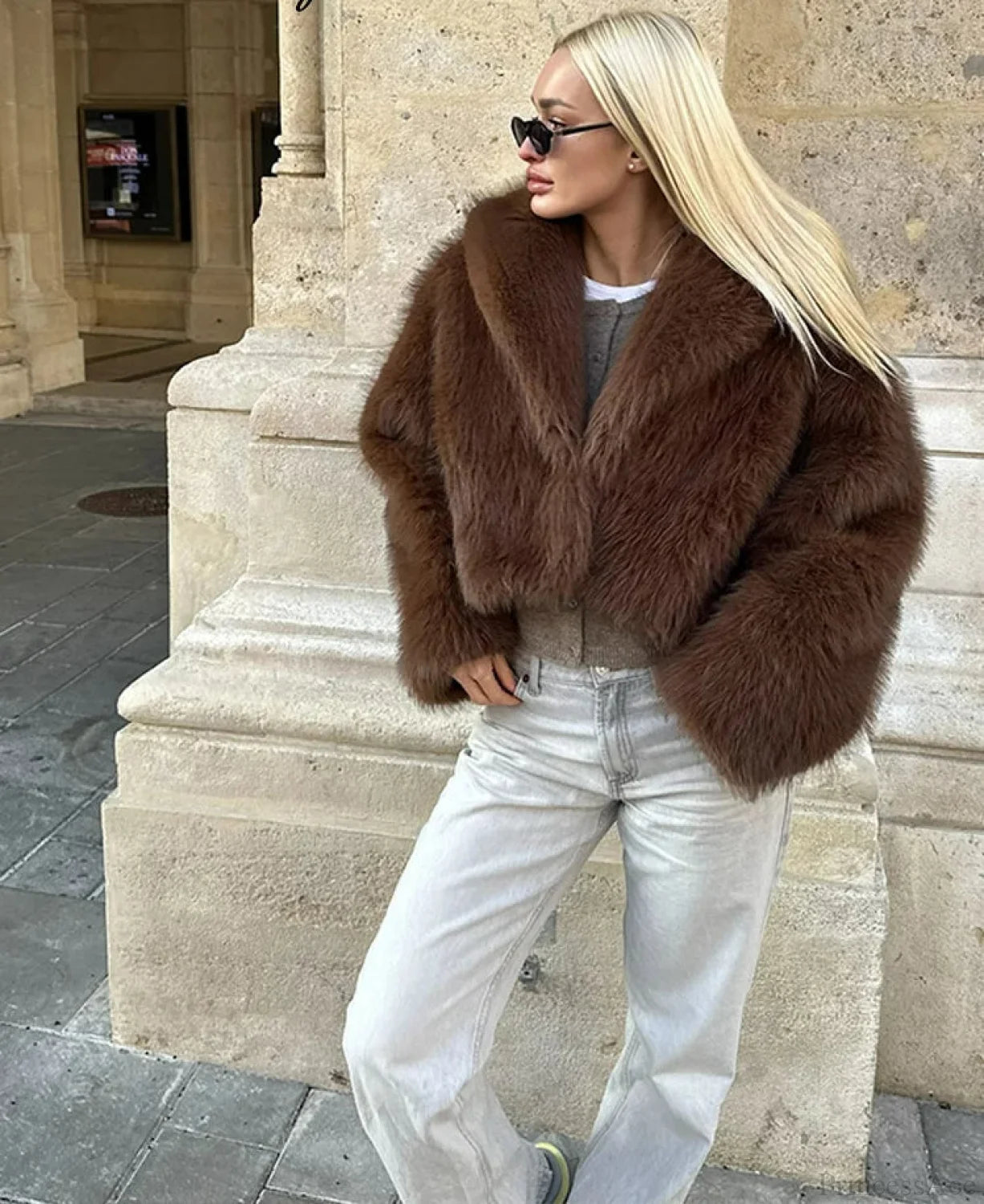 Brown Lapel Fluffy Coat Brown / XS