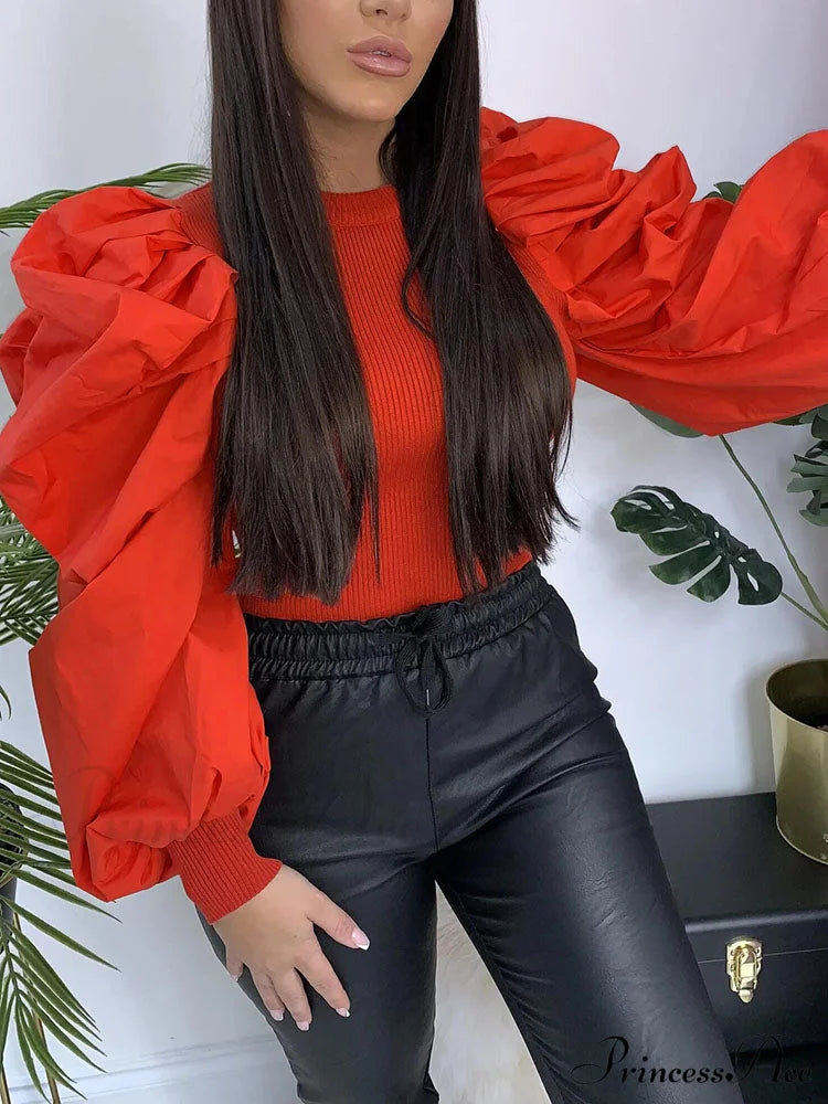 Brown Pointelle Knit Trendy Long Sleeve Mini Dress Orange Red / S Shirts & Tops