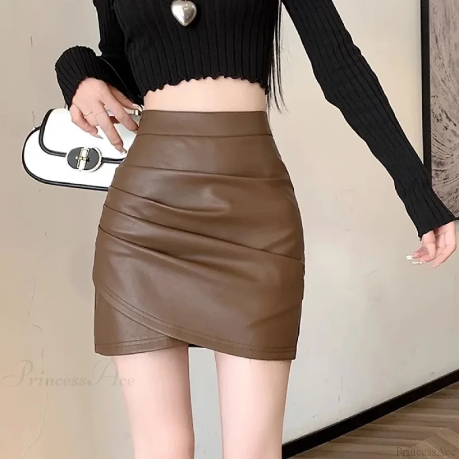 Brown PU Leather Slim Fit Skirt