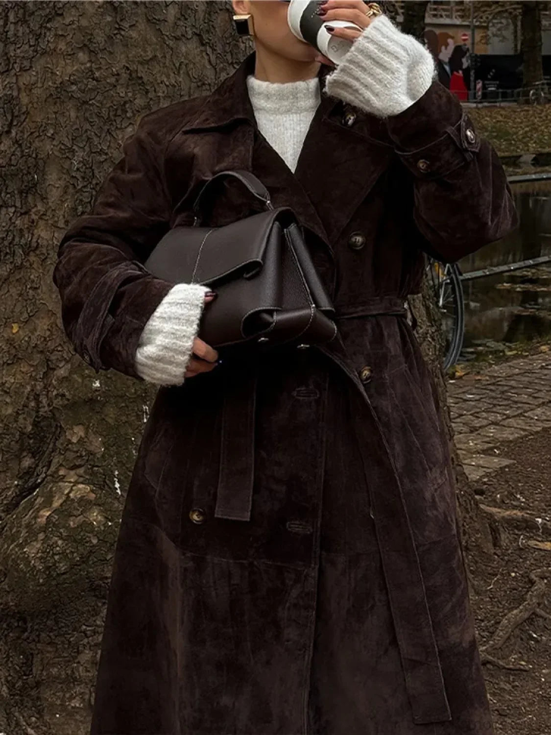 Brown Suede Leather Long Coat