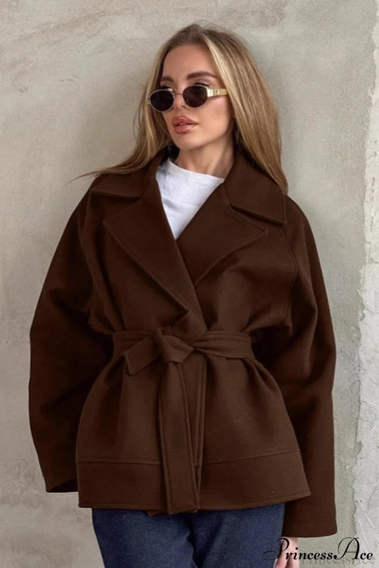 Brown Tie-Waist Wool Blend Loose Mid-Length Coat