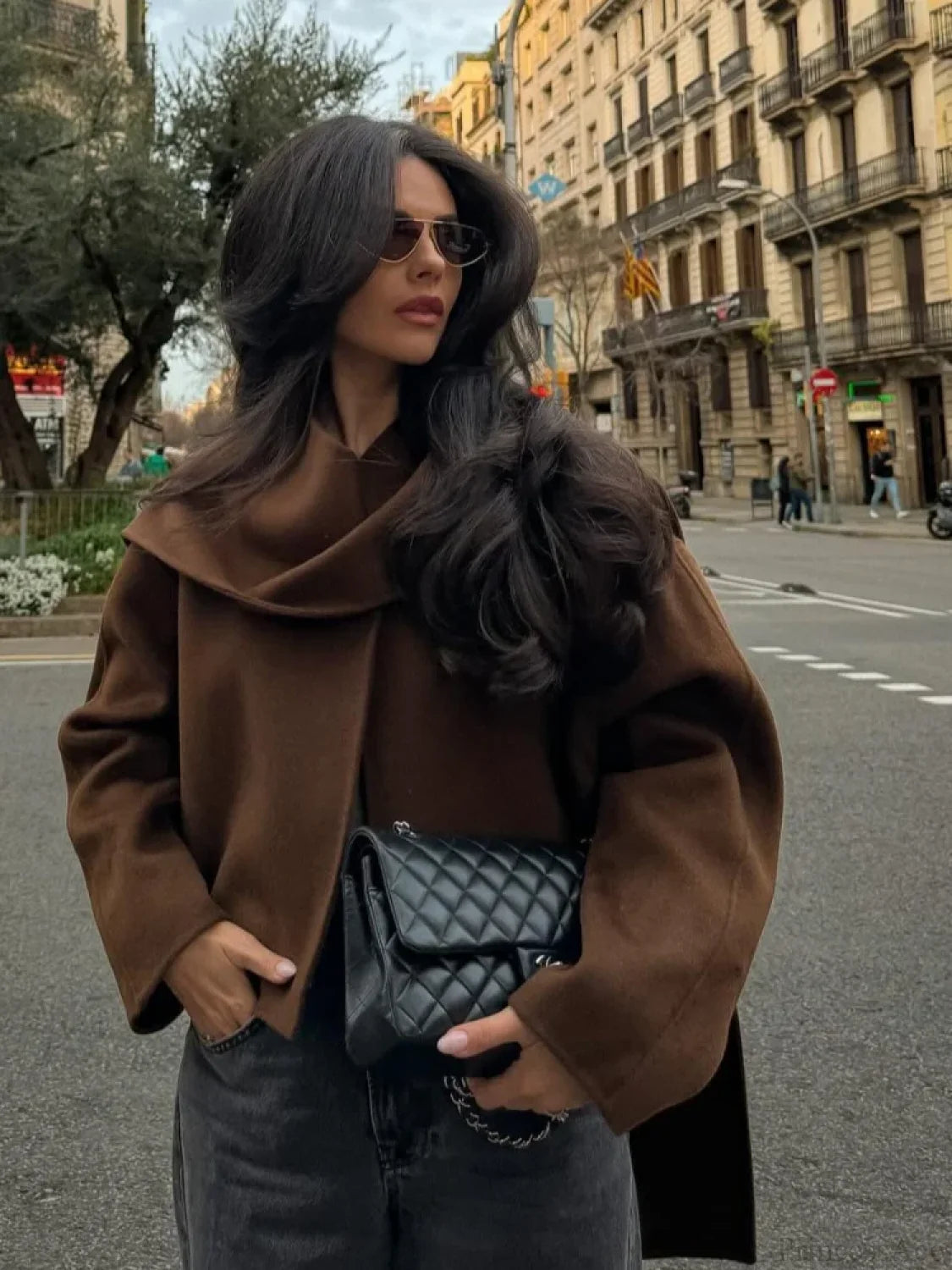 Brown Woolen Round Neck Scarf Coat