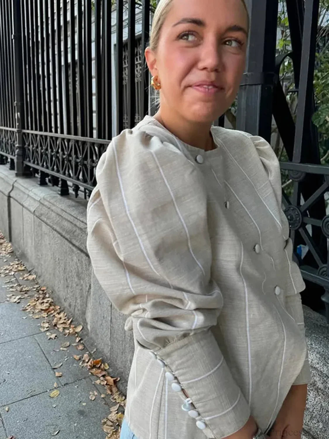 Bubble Sleeve Slanted Button Stripe Blouse blouse-250223