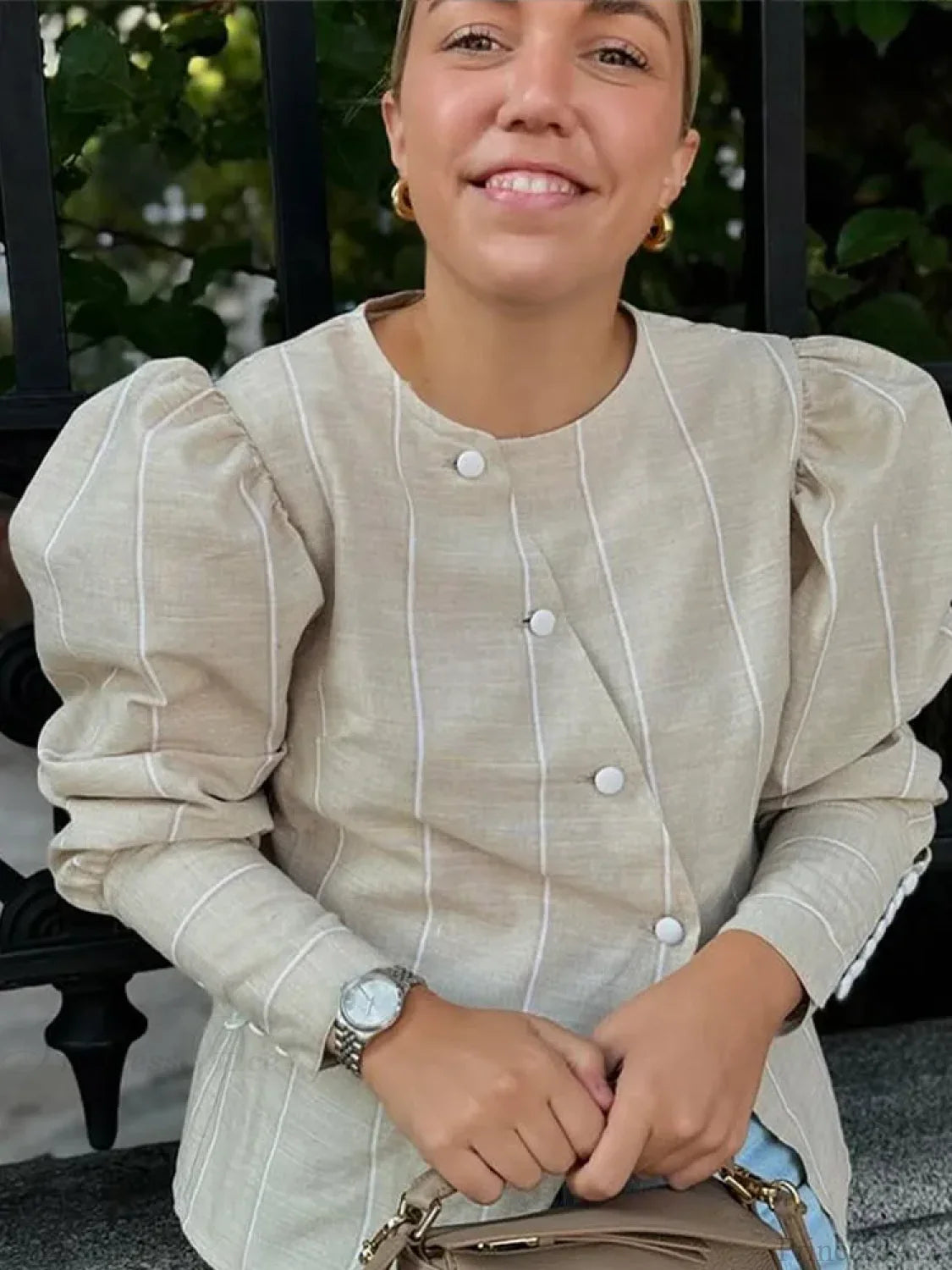 Bubble Sleeve Slanted Button Stripe Blouse blouse-250223