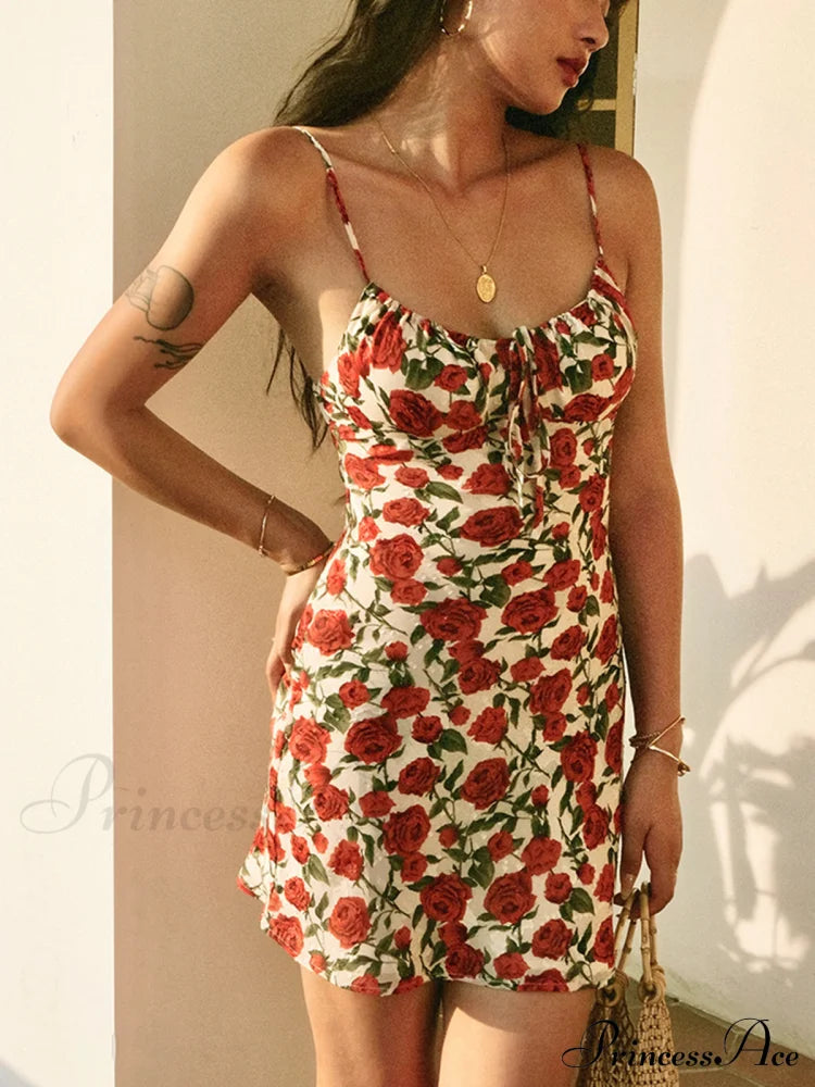 Bulgaria Roses Floral Trendy Backless Mini Dress Red / Xs Dresses