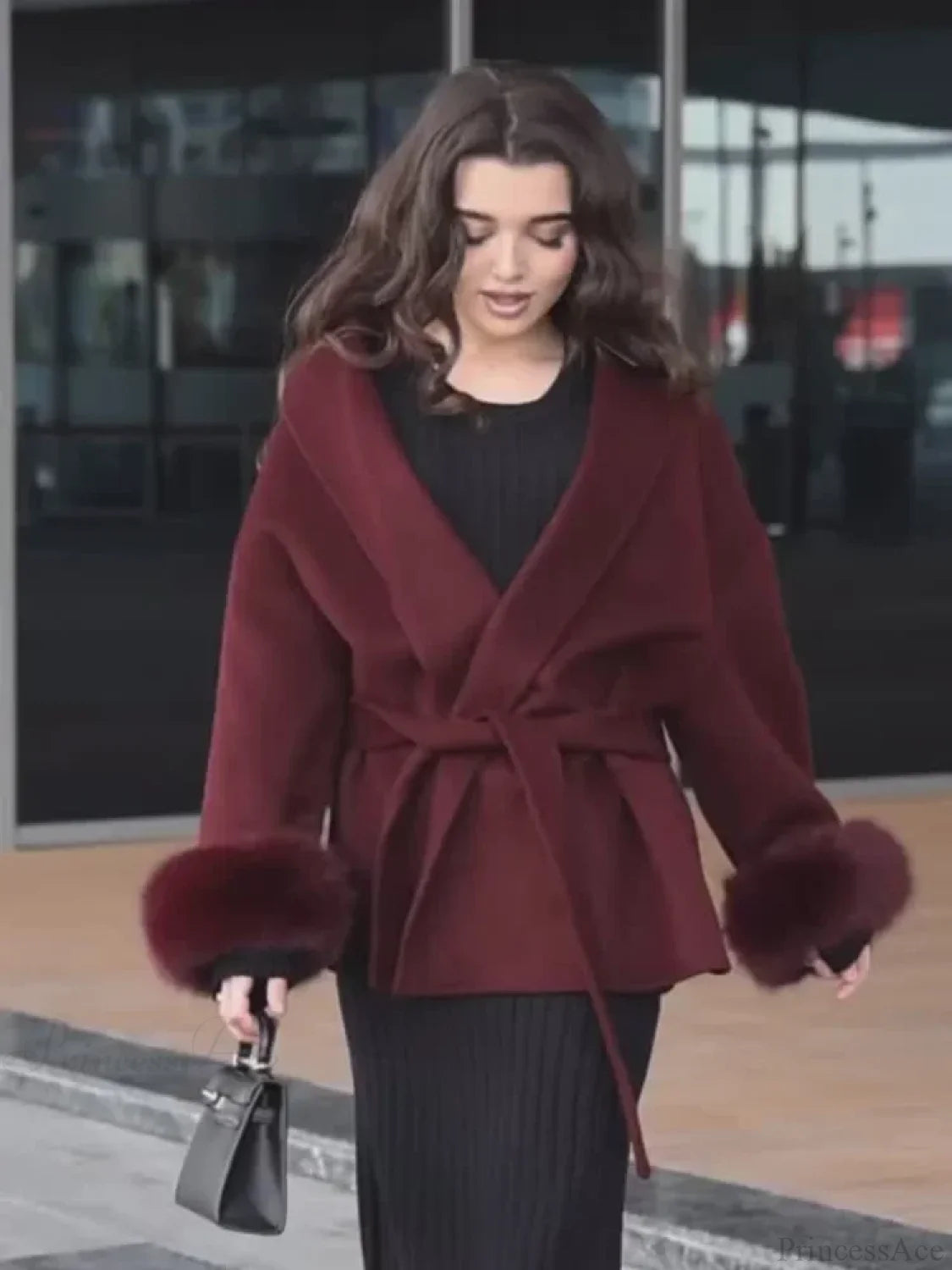 Burgundy Cuffed Woolen Coat Burgundy / S