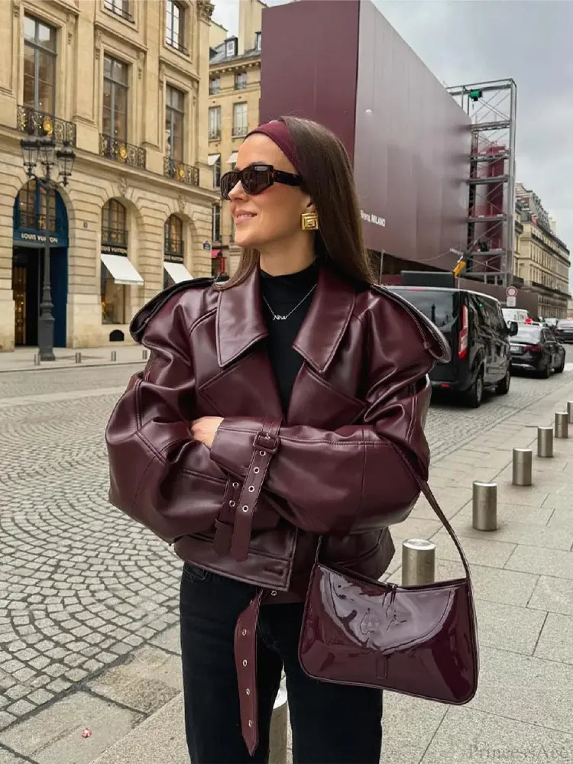 Burgundy Lapel Short Leather Coat