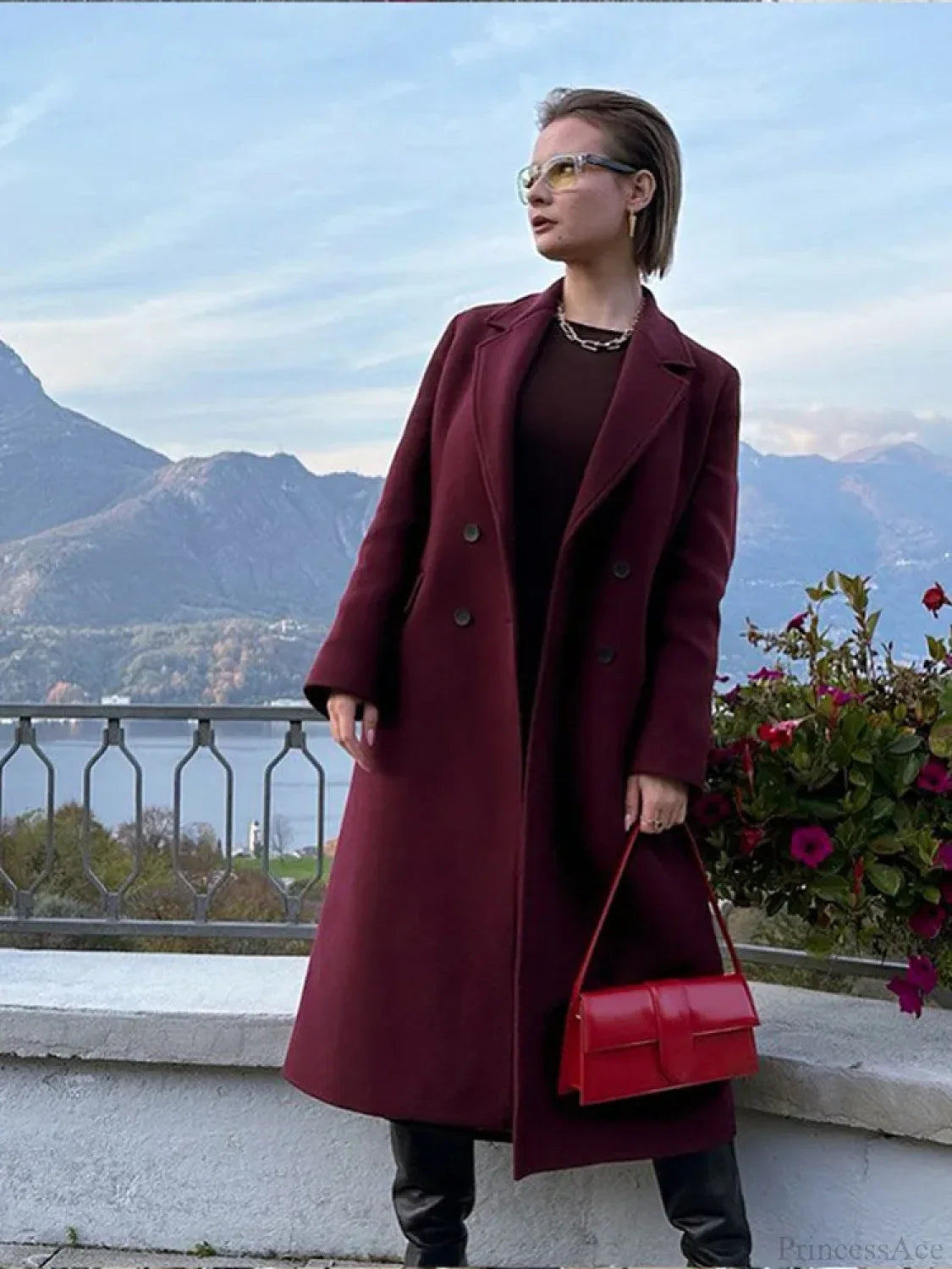 Burgundy Lapel Wool Blends Long Coat