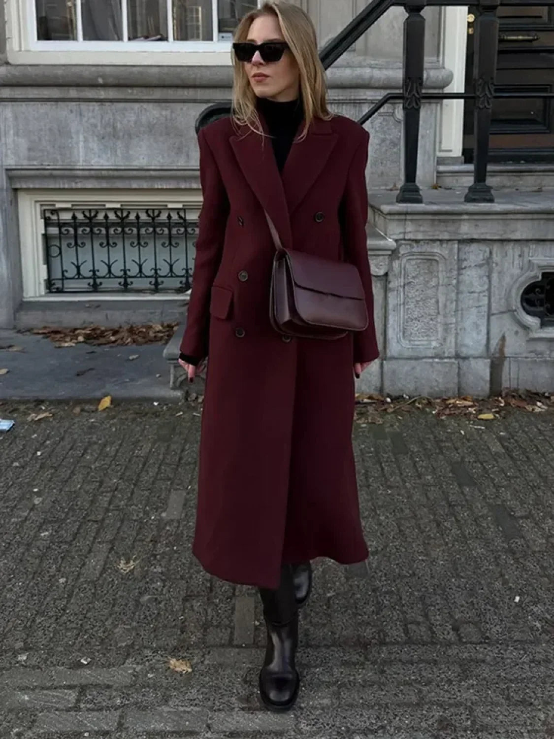 Burgundy Lapel Woolen Double-Breasted Overcoat