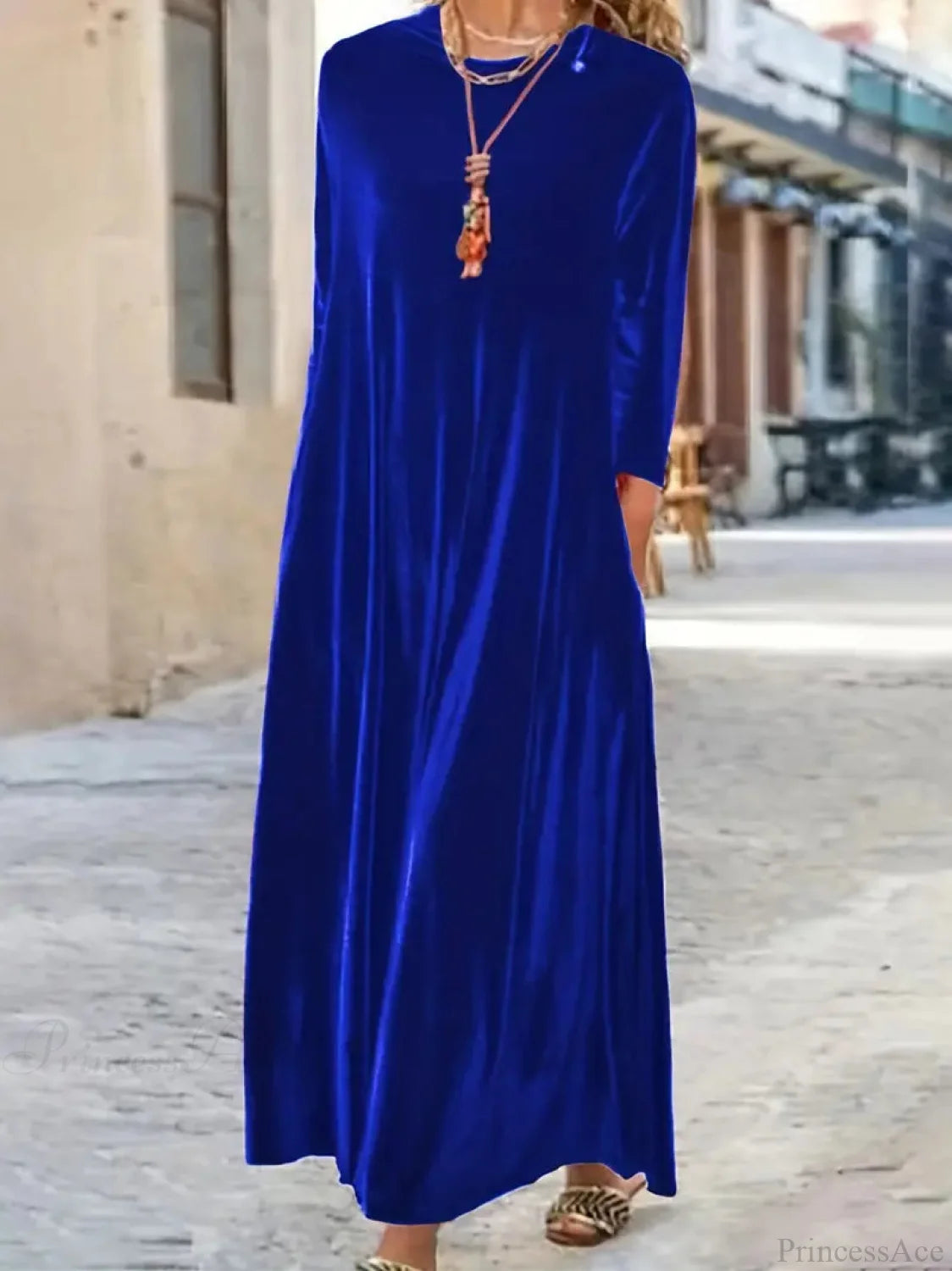 Burgundy Long Sleeve Round Neck Loose Maxi Dress With Velvet Detail M / Blue Velvet Burgundy Dress