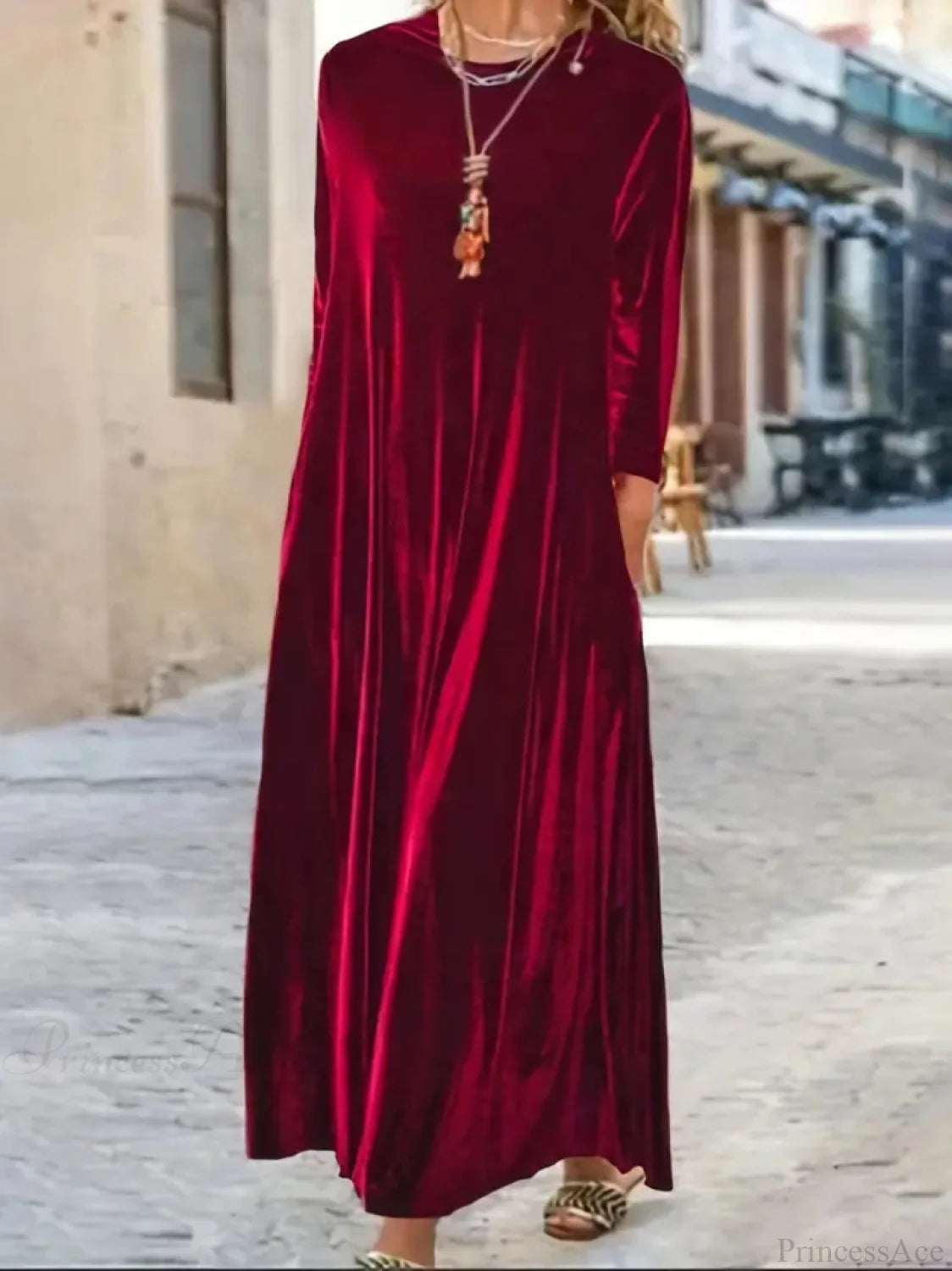 Burgundy Long Sleeve Round Neck Loose Maxi Dress With Velvet Detail M / Velvet Burgundy Dress