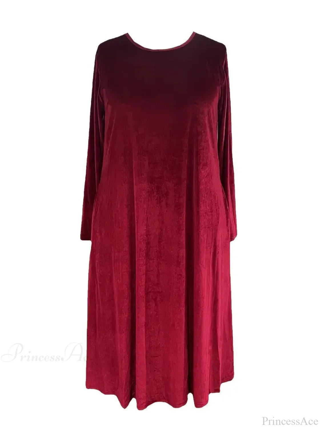 Burgundy Long Sleeve Round Neck Loose Maxi Dress With Velvet Detail M / Gray Velvet Burgundy Dress