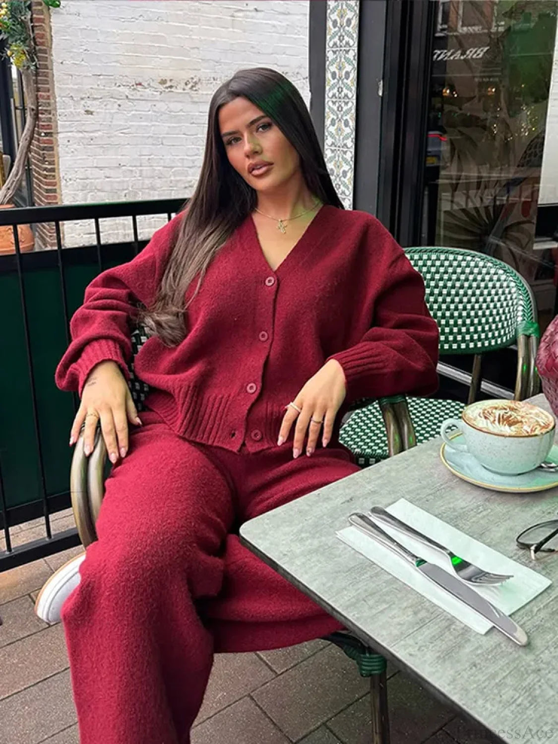 Burgundy Loose V-neck Single Breasted Cardigan