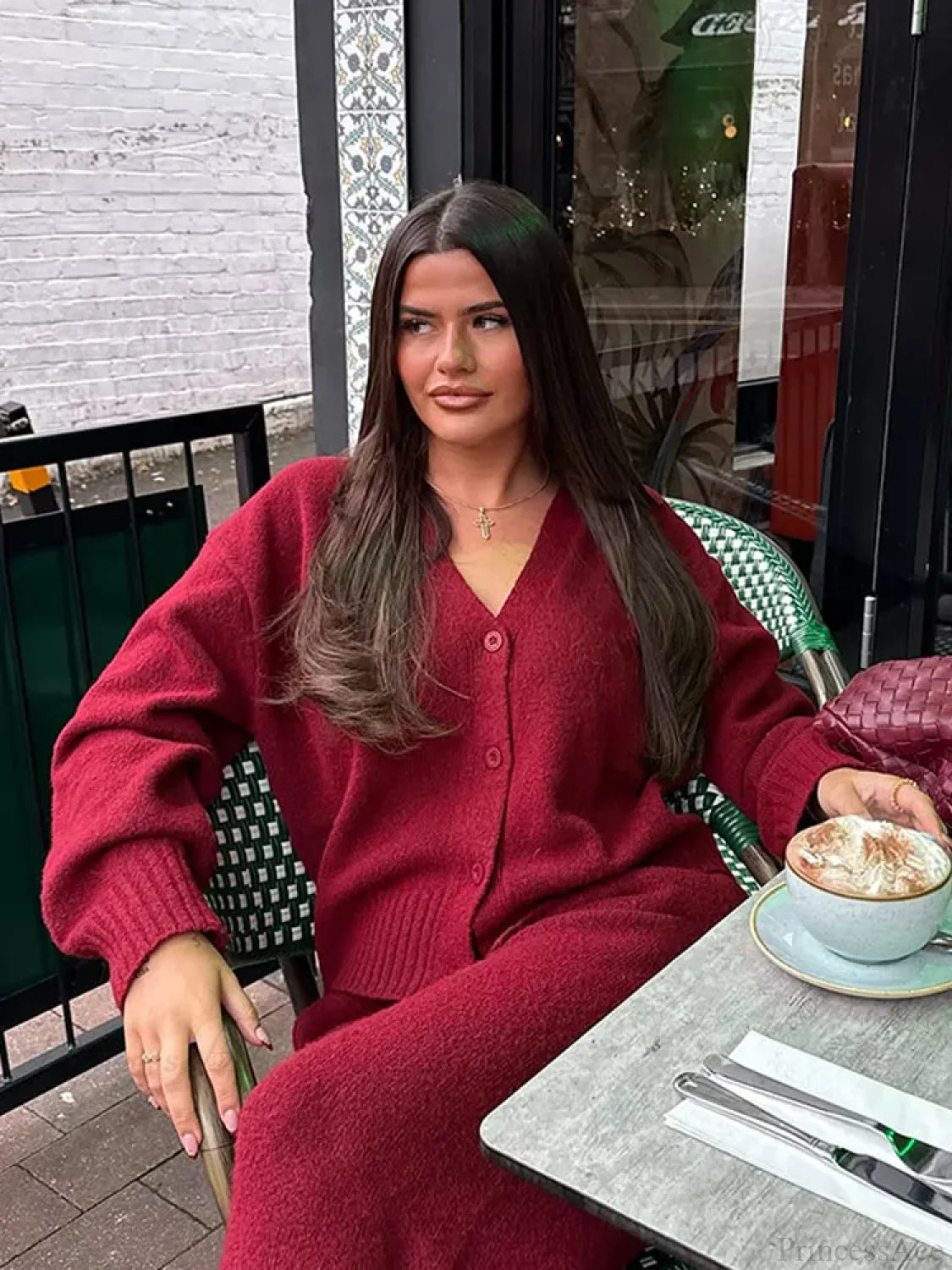 Burgundy Loose V-neck Single Breasted Cardigan