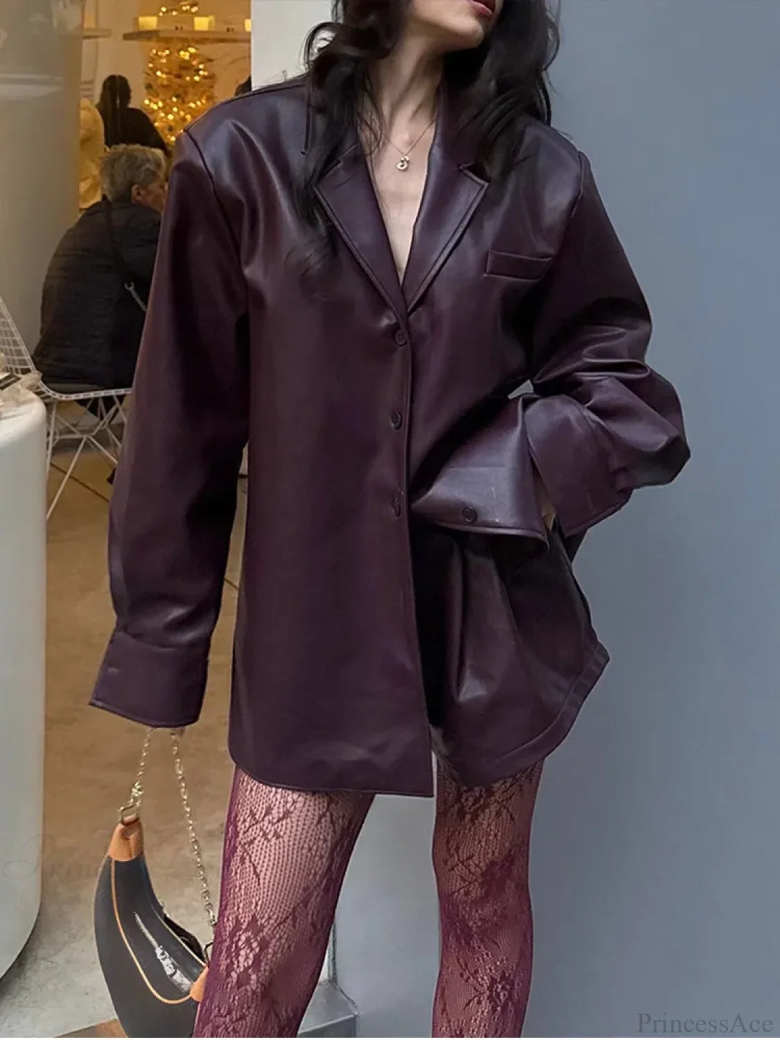 Burgundy Single Breasted PU Leather Coat