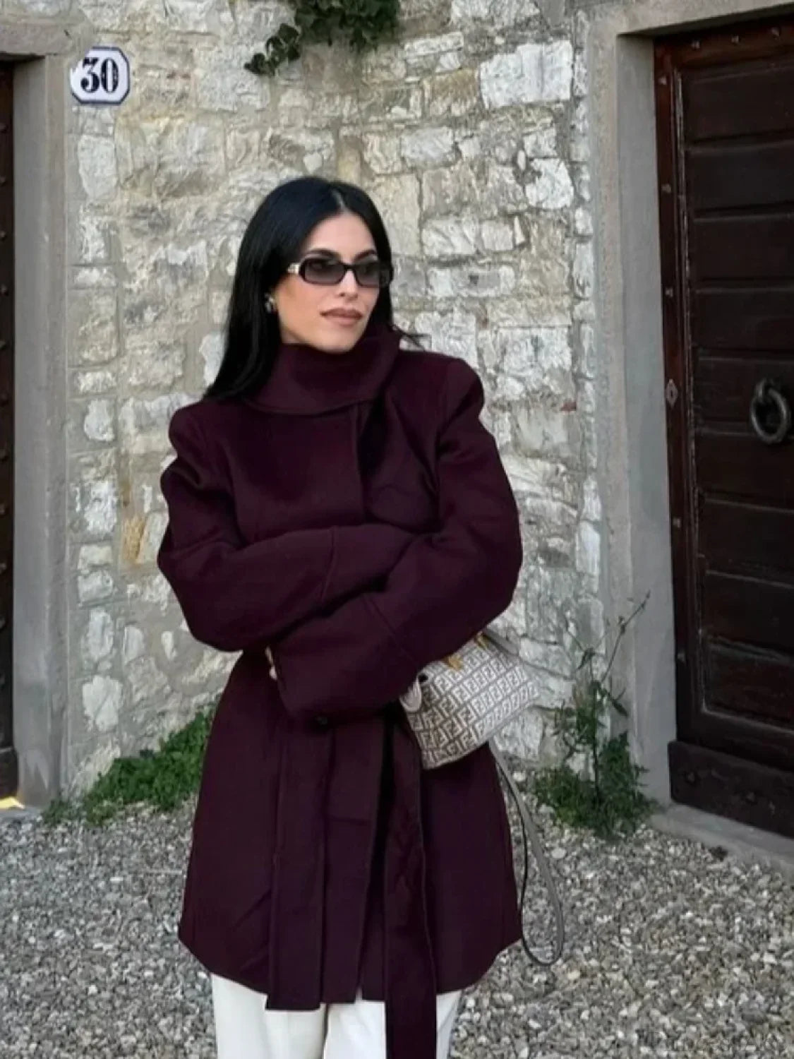 Burgundy Wool Blends Midi Coat