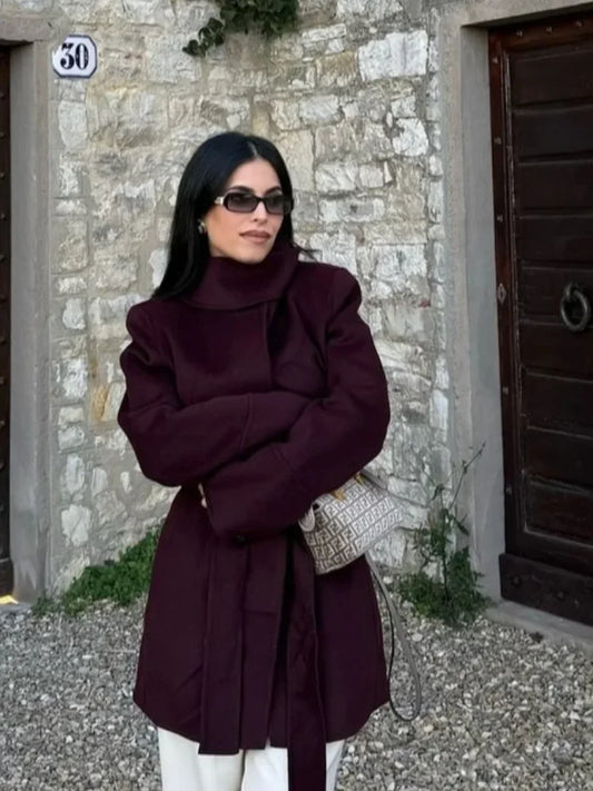 Burgundy Wool Blends Midi Coat