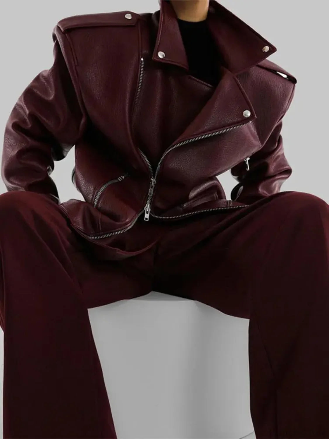 Burgundy Zipper Stand Collar Leather Coat