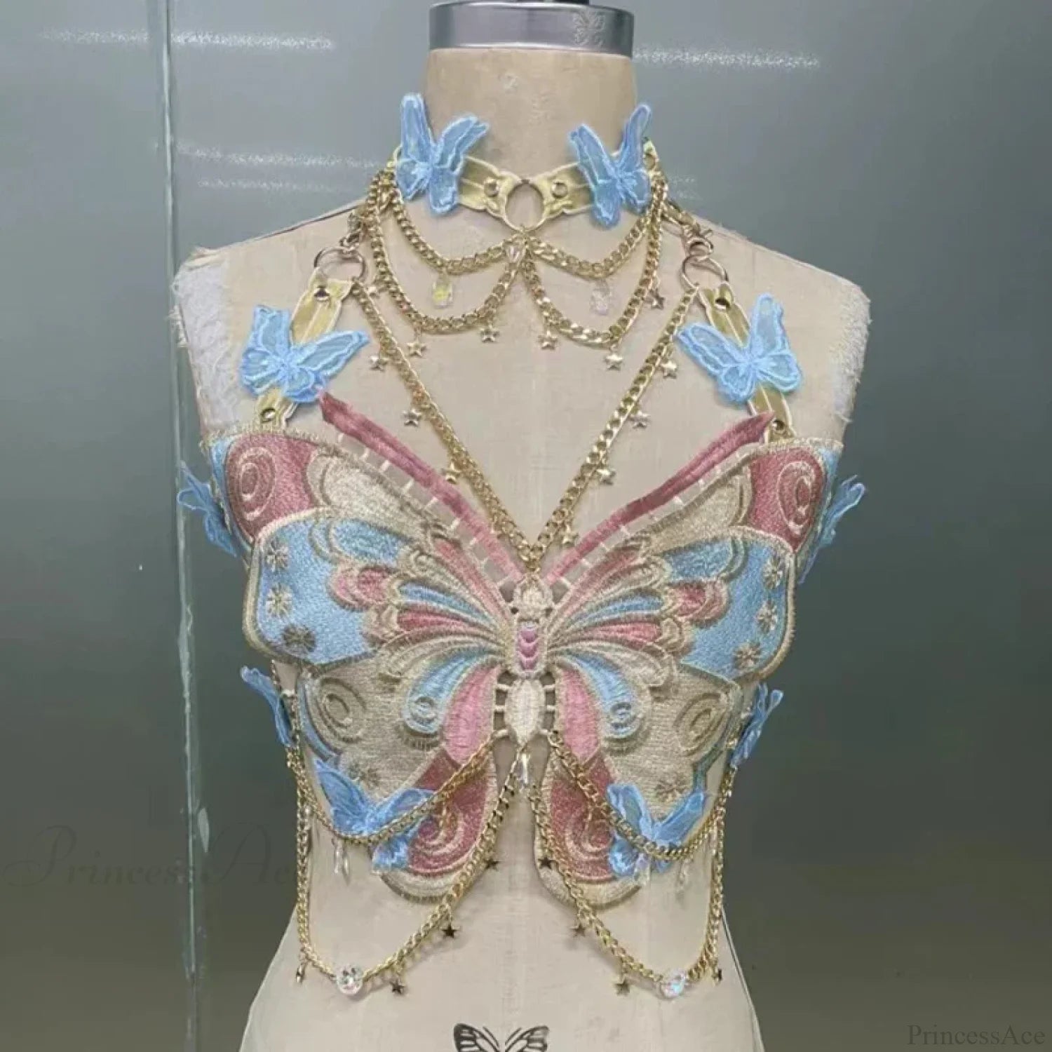 Butterfly Embroidered Crystal Chain Backless Crop Top Blue / One Size croptop-250223