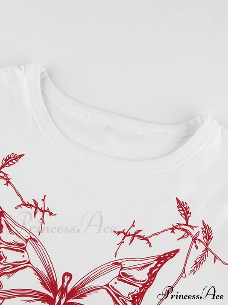 Butterfly Print Graceful Skinny Jeans Short Sleeves