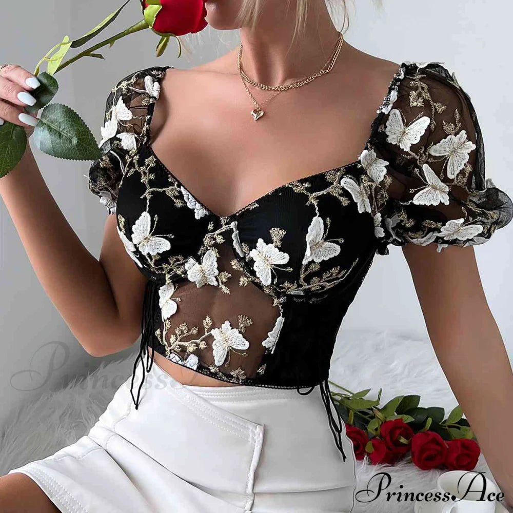 Butterfly Whispers Embroidery Charming Mesh Corset Top