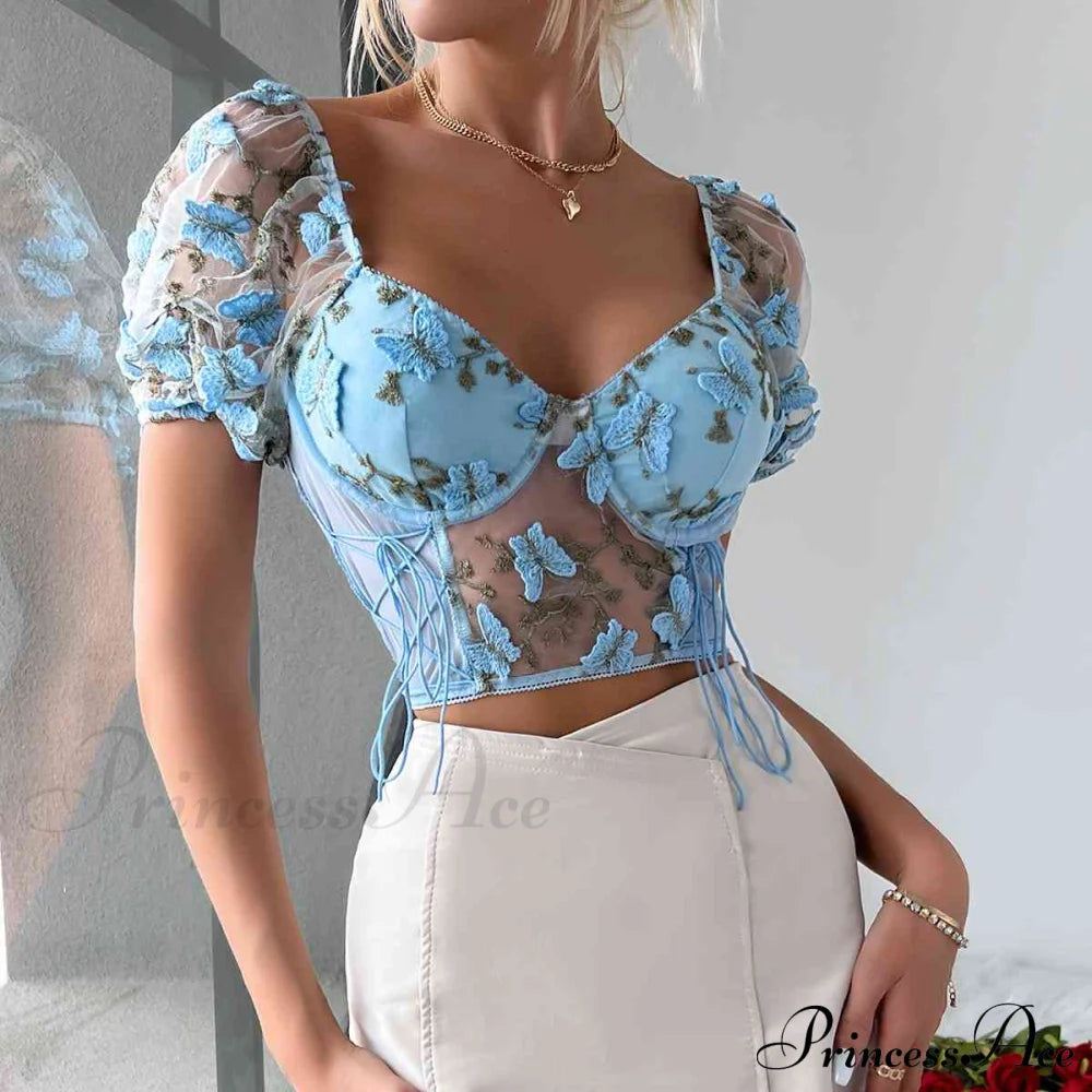 Butterfly Whispers Embroidery Charming Mesh Corset Top