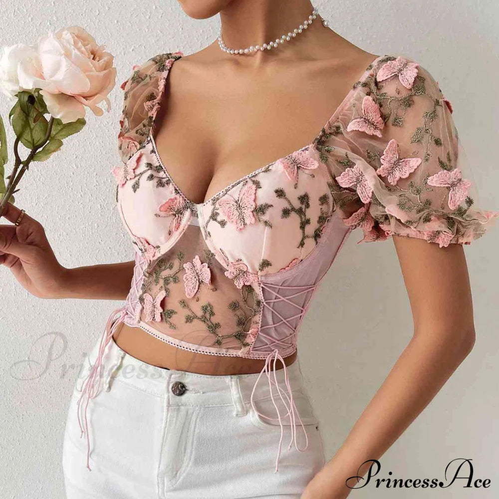 Butterfly Whispers Embroidery Charming Mesh Corset Top