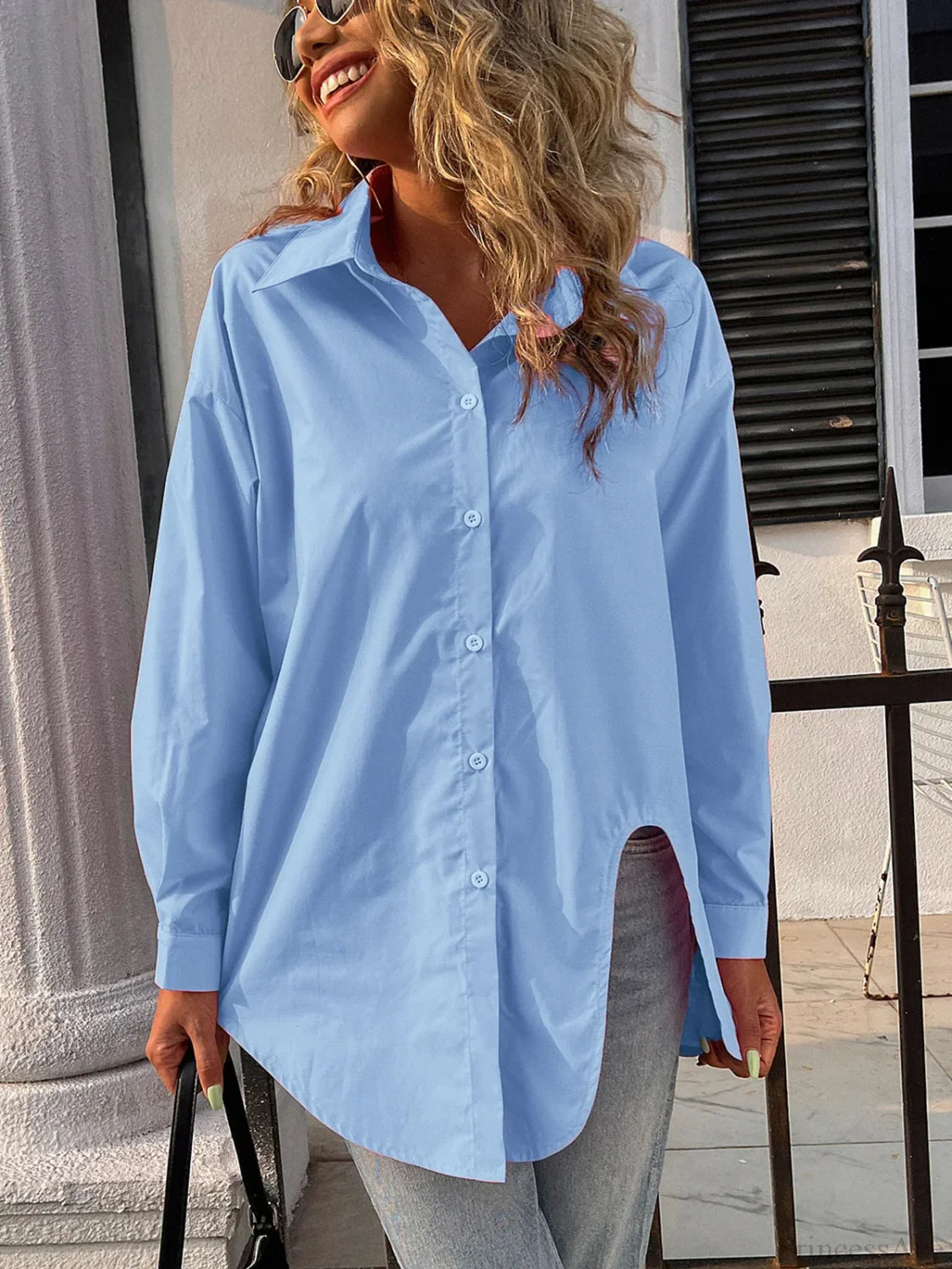 Button Down Casual Solid Collar Loose Blouse blouse-250126