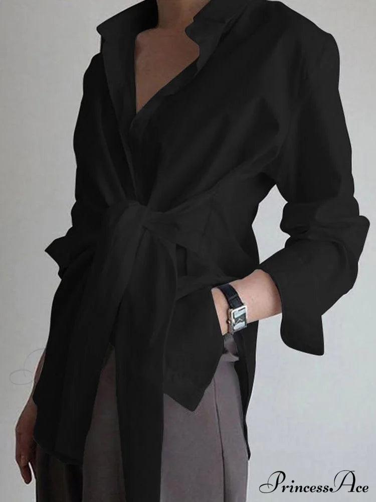 Button Down Graceful Tied Long Shirt Black / Xs Shirts