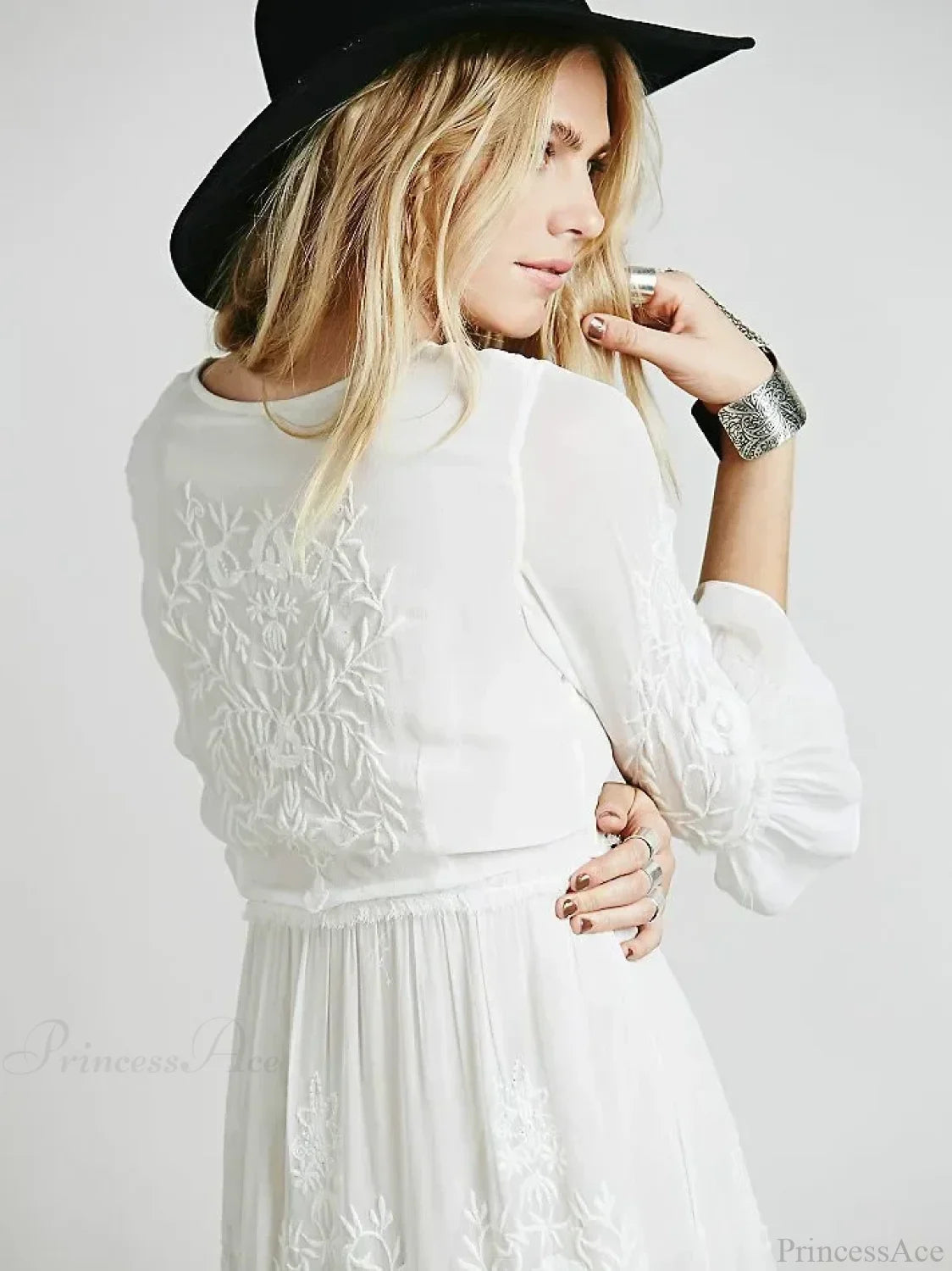 Button Down Hollow Embroidery High Waist Boho Dress bohodress-250126