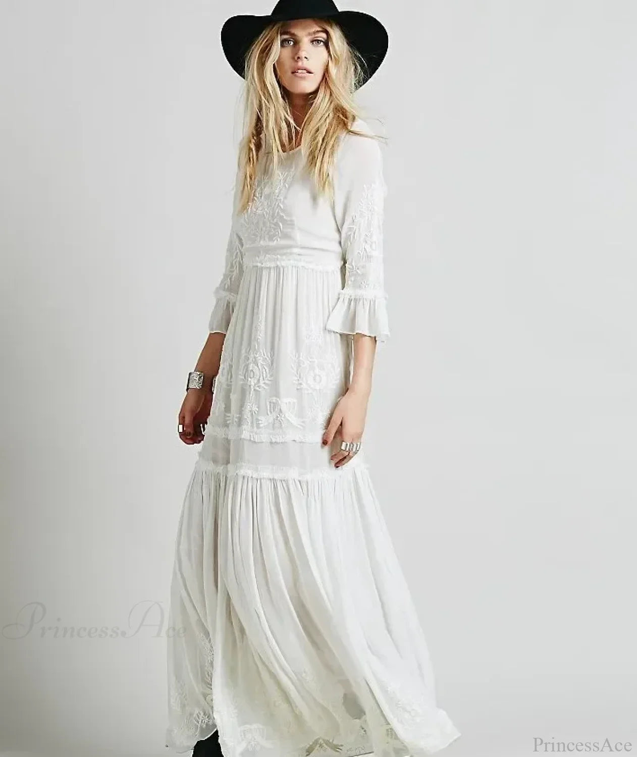 Button Down Hollow Embroidery High Waist Boho Dress WHITE / S bohodress-250126