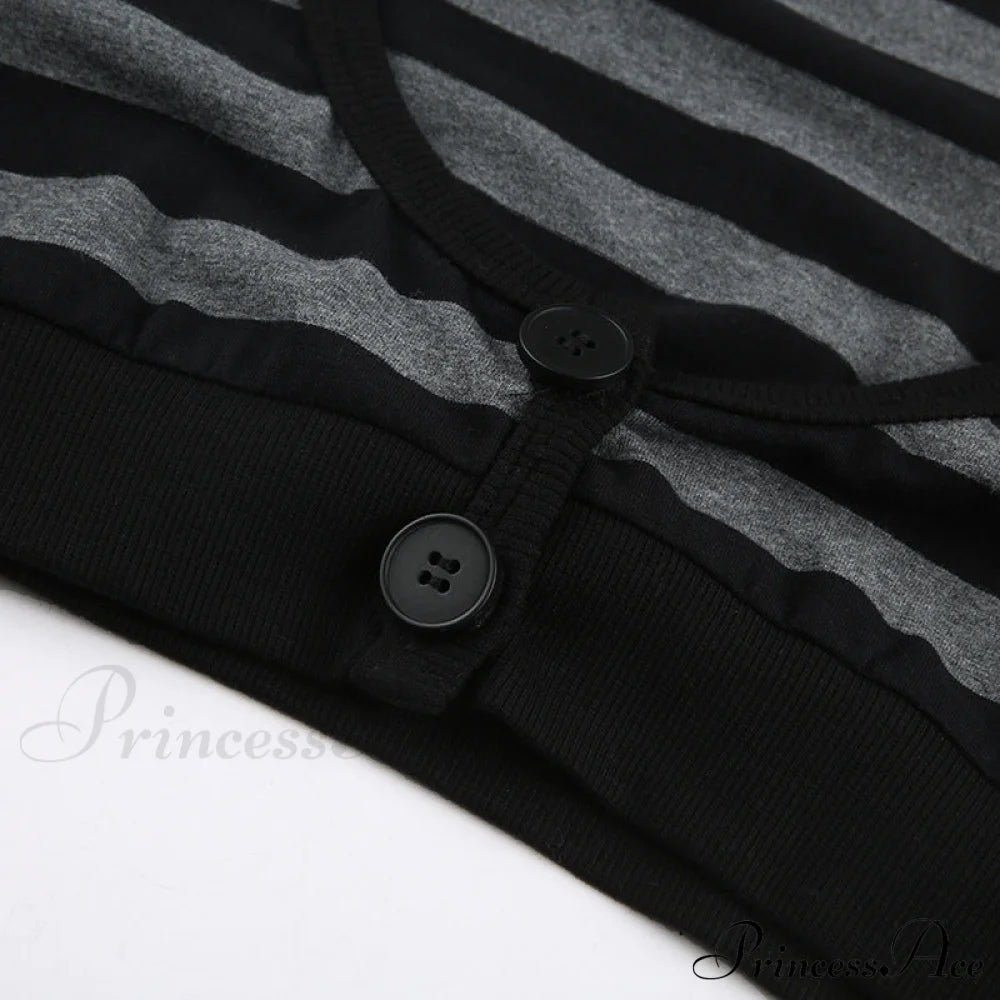 Button Full T Vintage V Crop Top Harajuku Neck Blouse Arm Knitted Women Grunge Tee Striped Y2K