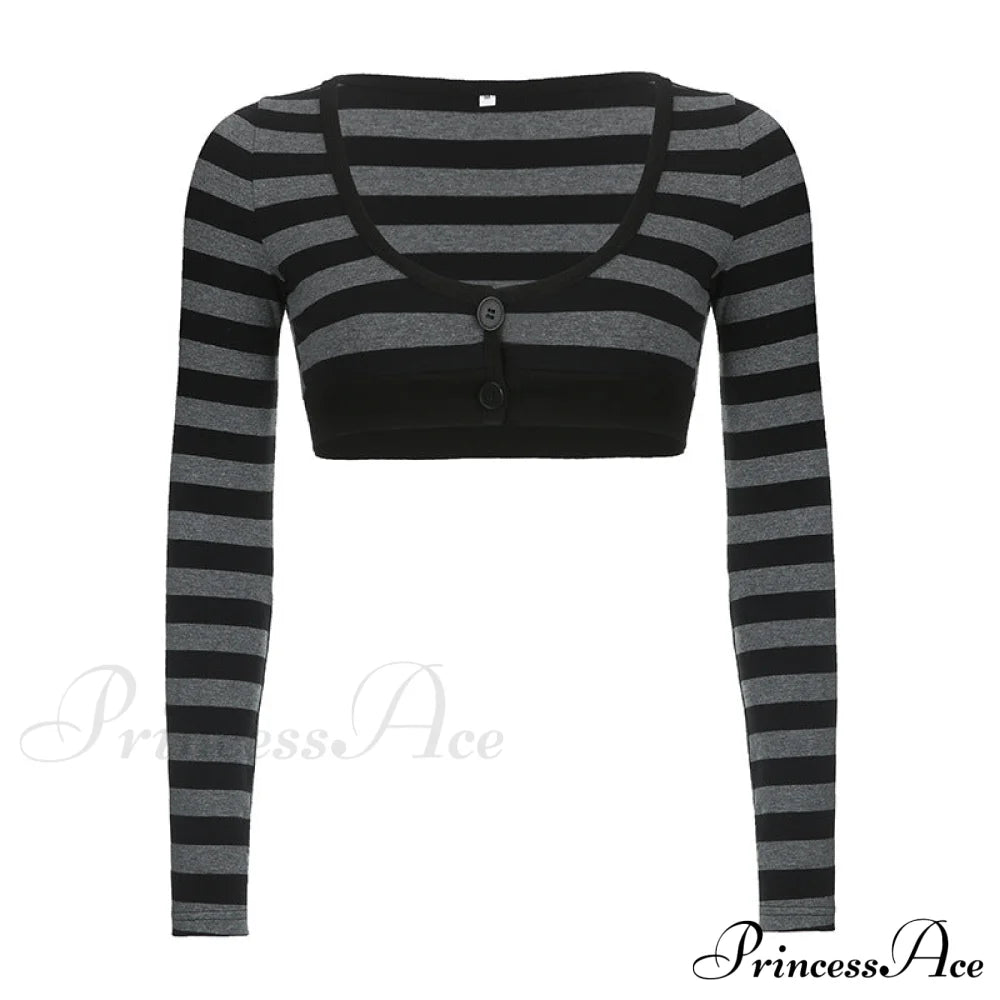 Button Full T Vintage V Crop Top Harajuku Neck Blouse Arm Knitted Women Grunge Tee Striped Y2K