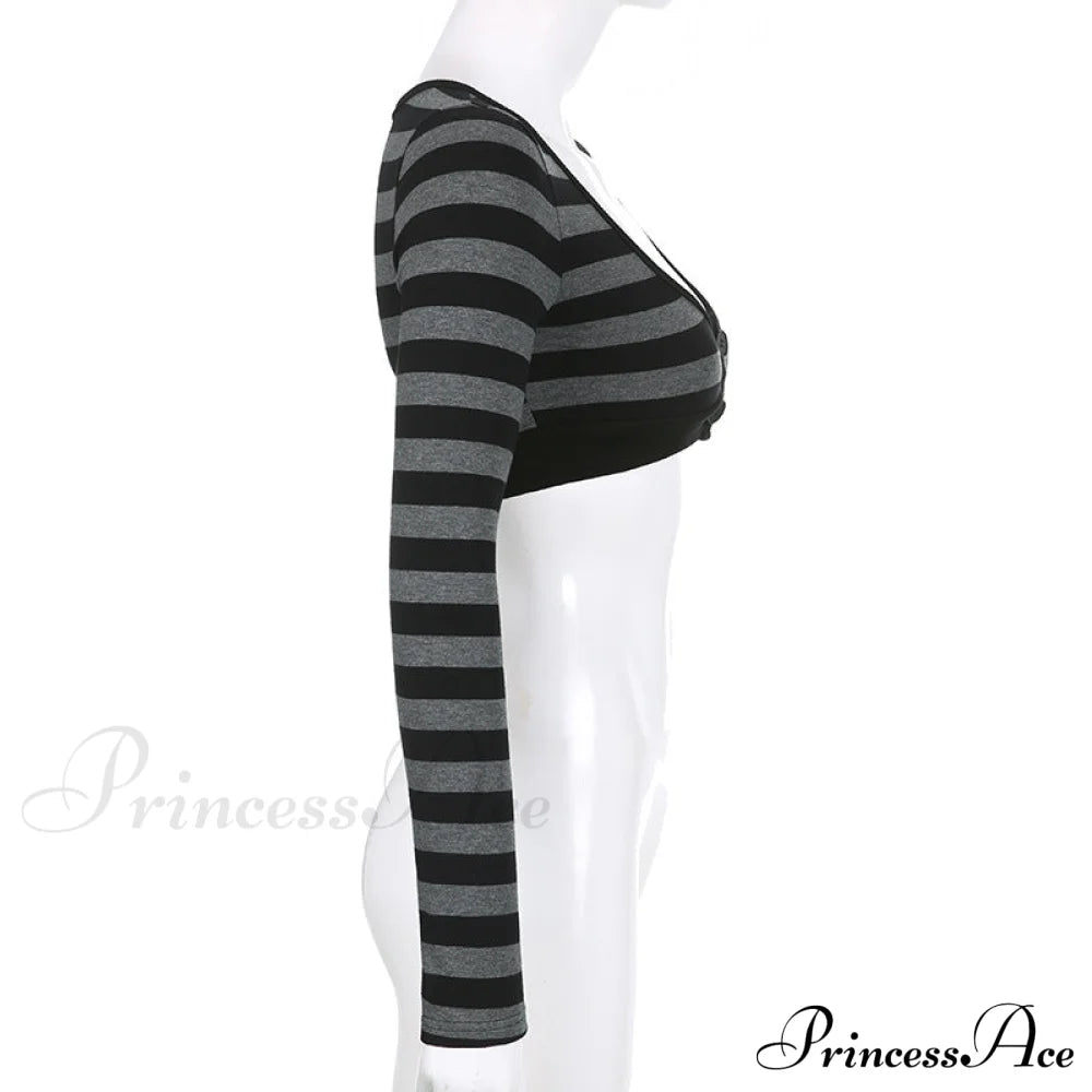 Button Full T Vintage V Crop Top Harajuku Neck Blouse Arm Knitted Women Grunge Tee Striped Y2K